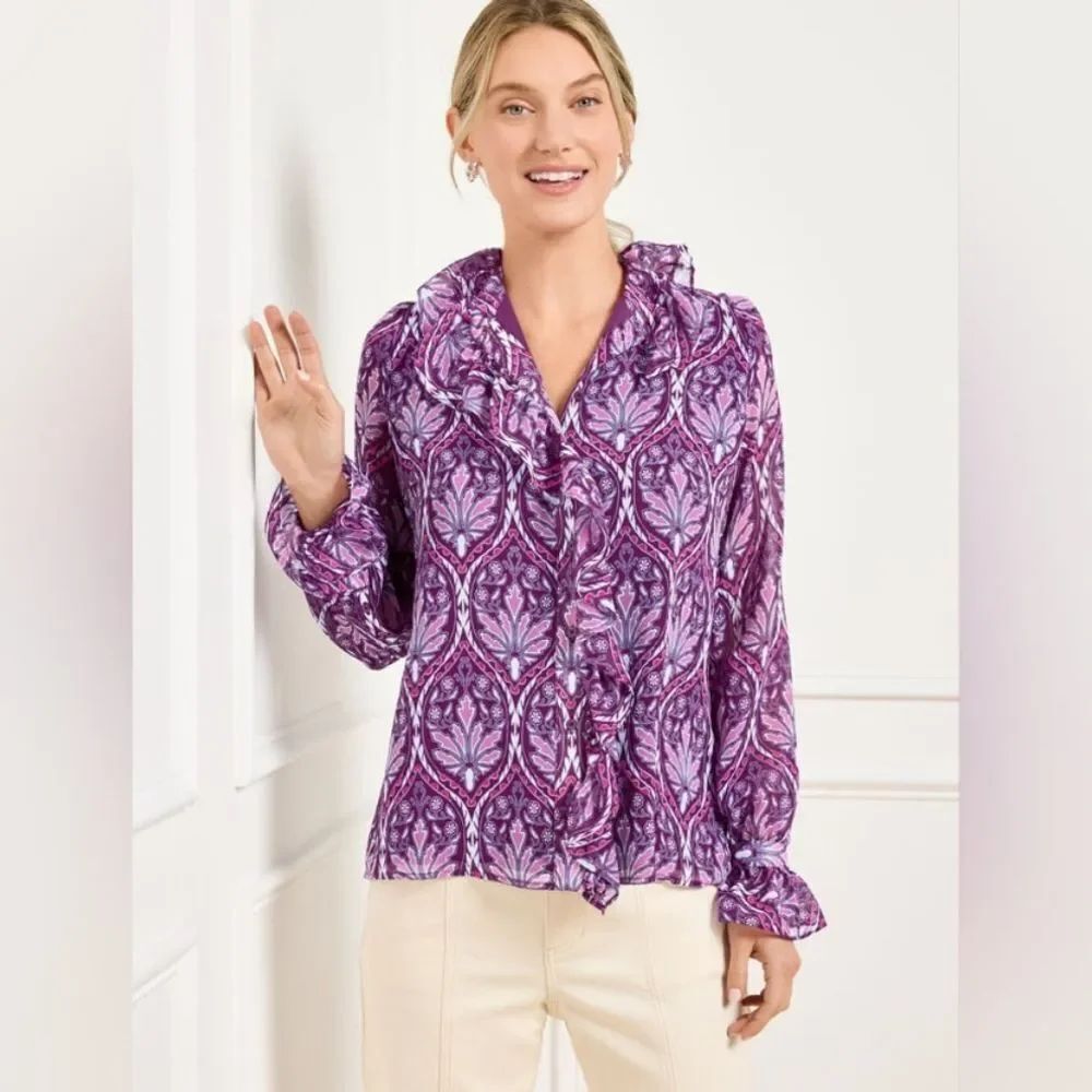 Talbot's Purple Floral Medallion Ruffle Blouse Top Size XL New with Tags
